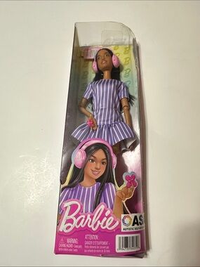 Barbie Purple Striped Dress Doll with Pink Headphones